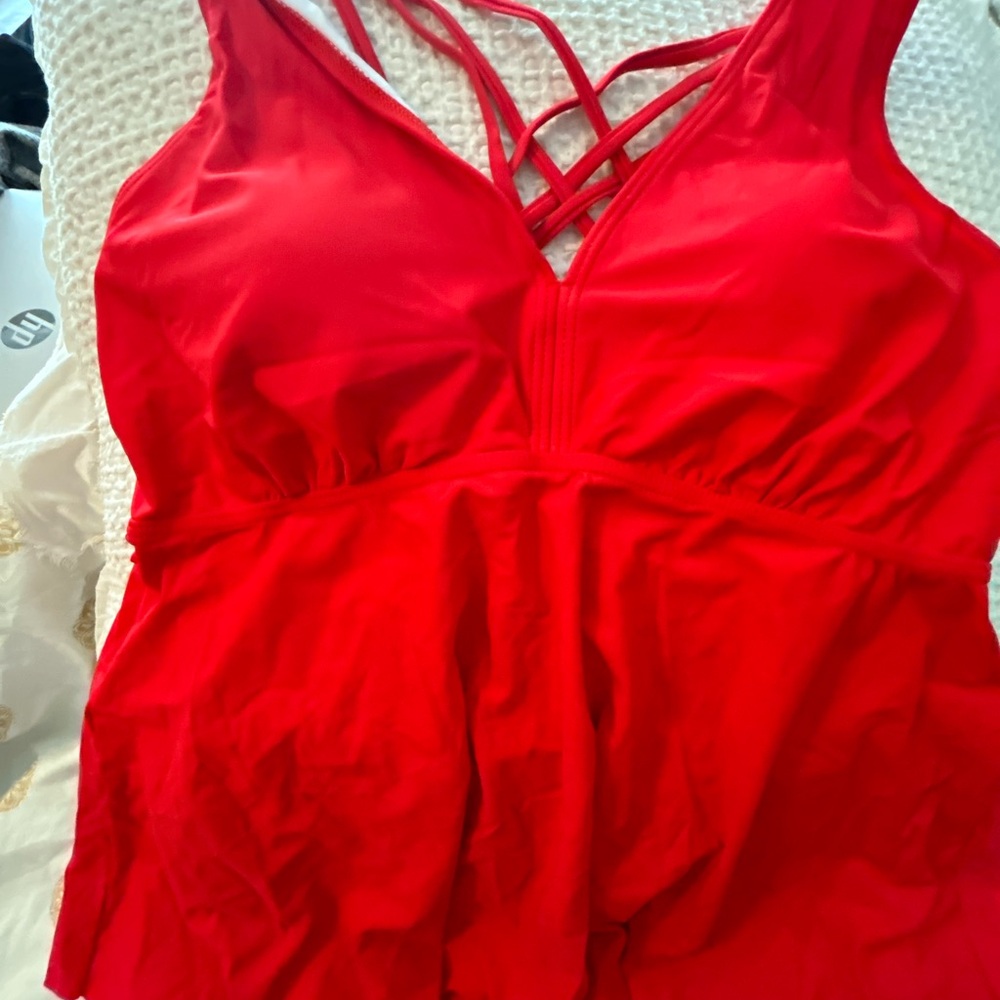 Tankini- Never Worn- Vibrant Red Top w/ black and white polka-dot bottoms